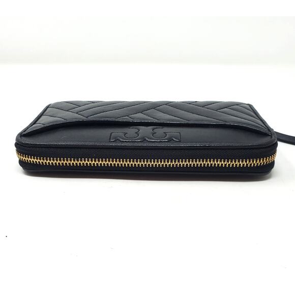 Tory Burch Alexa Zip Around Continental Leather Wallet Geometric Quilted Black - Picture 3 of 10